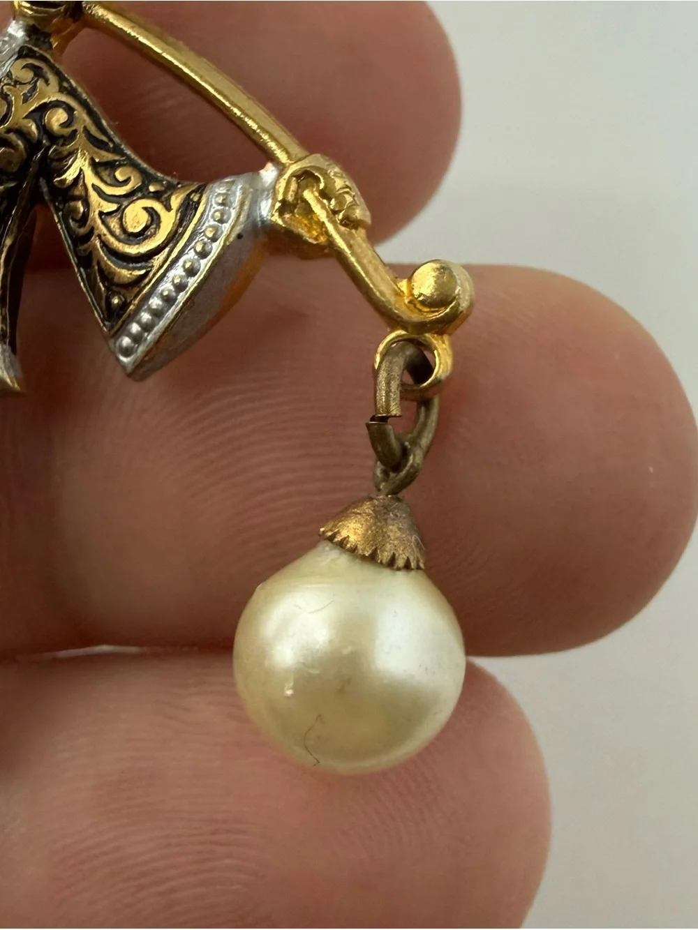 Vintage Toledo Damascene Spain Figural Asian Water Carrier Man Faux Pearl Brooch